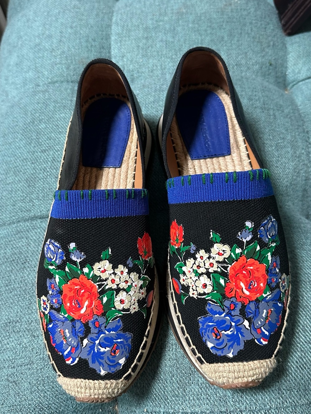 Tory Burch Black Espadrille Slip-Ons with Blue Trim and Floral Embroidery